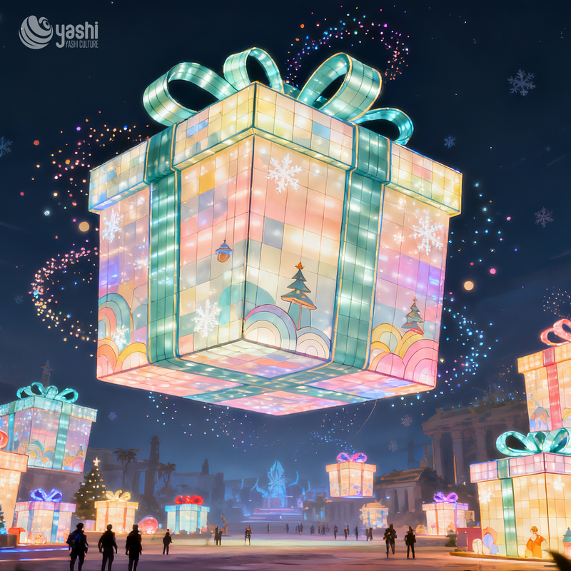 Custom Macaron Rainbow Gift Box Silk Lantern, Outdoor LED Light Sculpture for Christmas Holiday Light Show