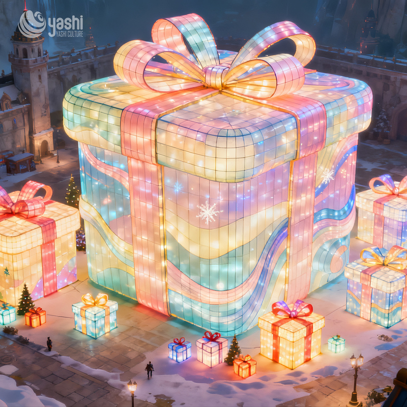 Custom Macaron Rainbow Gift Box Silk Lantern, Outdoor LED Light Sculpture for Christmas Holiday Light Show