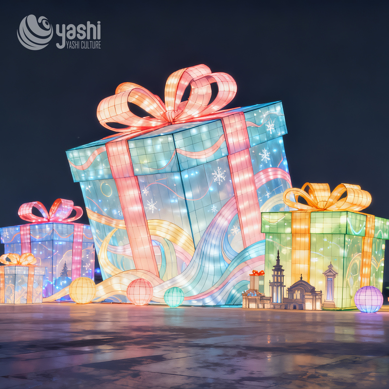 Giant Colorful Gift Box Silk Lantern with Big Bow, Outdoor LED Light Sculpture for Christmas Holiday Light Exhibition