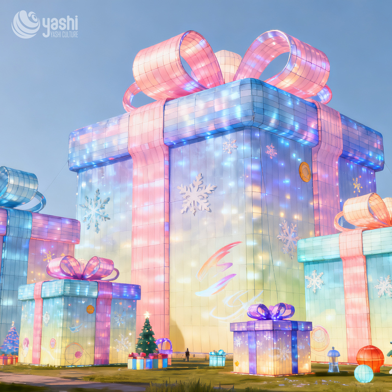 Giant Colorful Gift Box Silk Lantern with Big Bow, Outdoor LED Light Sculpture for Christmas Holiday Light Exhibition