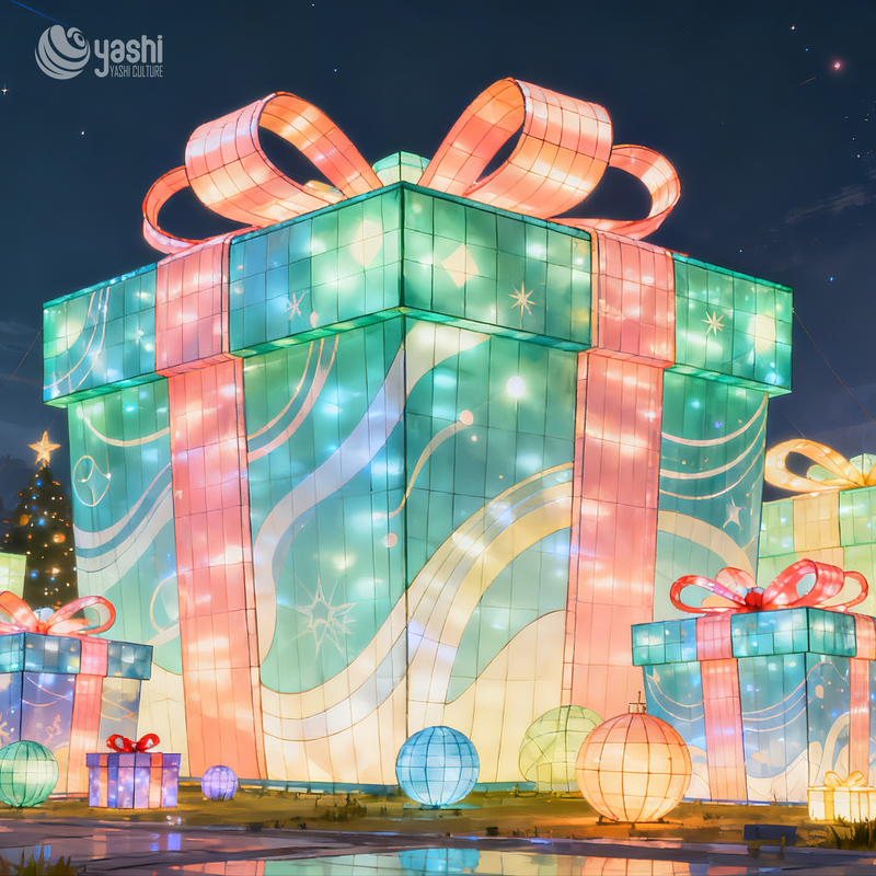 Giant Colorful Gift Box Silk Lantern with Big Bow, Outdoor LED Light Sculpture for Christmas Holiday Light Exhibition