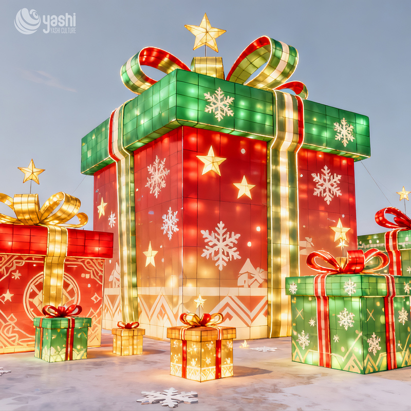 Giant Colorful Gift Box Silk Lantern with Big Bow, Outdoor LED Light Sculpture for Christmas Holiday Light Exhibition