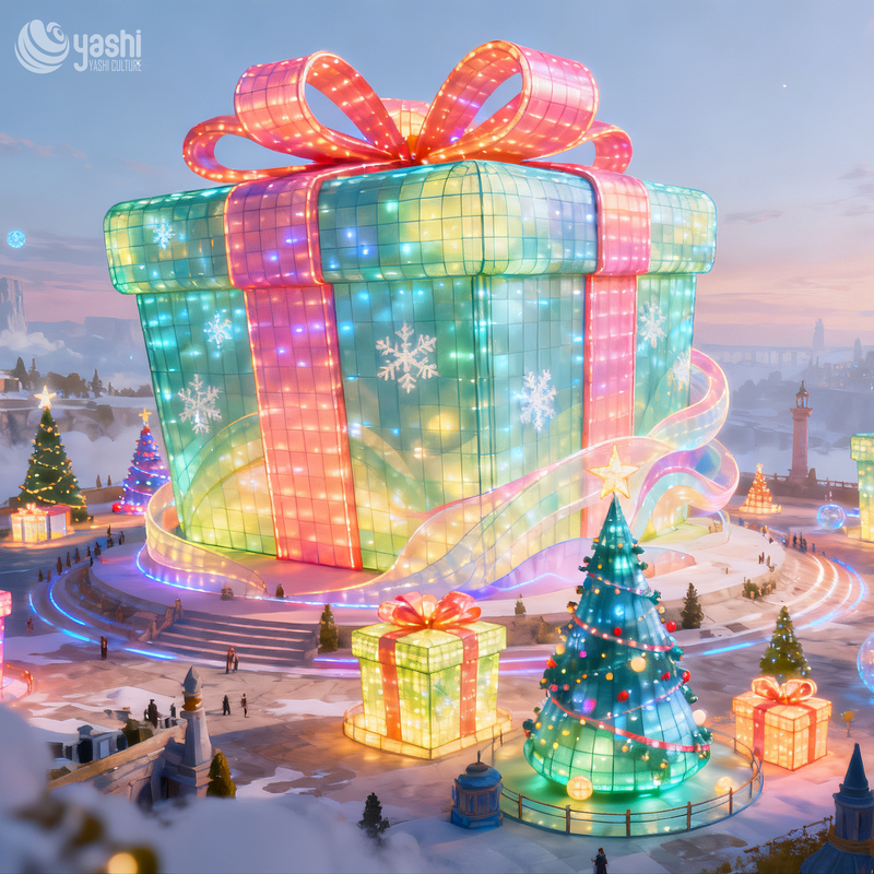 Giant Colorful Gift Box Silk Lantern with Big Bow, Outdoor LED Light Sculpture for Christmas Holiday Light Exhibition