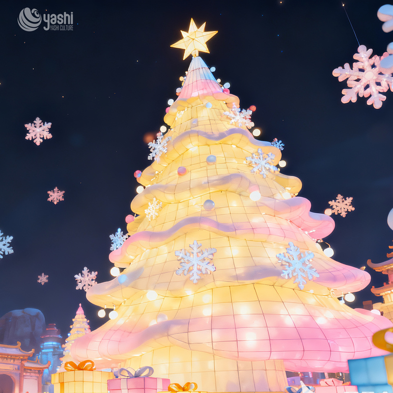Giant Mint Green Christmas Tree LED Light Sculpture, Outdoor Festival Light Installation with Decorative Ornaments for Plaza Light Show