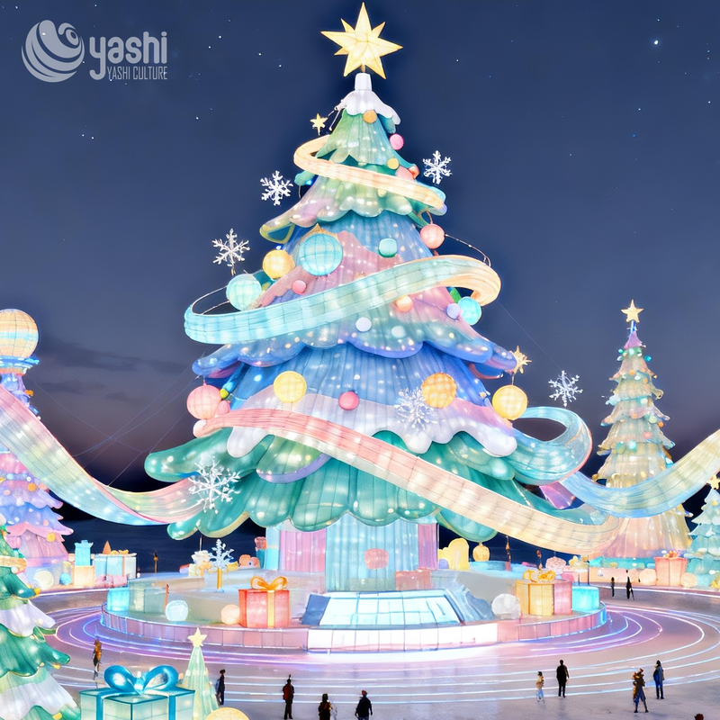 Giant Mint Green Christmas Tree LED Light Sculpture, Outdoor Festival Light Installation with Decorative Ornaments for Plaza Light Show