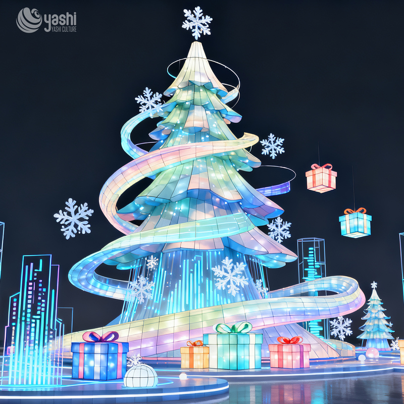 Giant Mint Green Christmas Tree LED Light Sculpture, Outdoor Festival Light Installation with Decorative Ornaments for Plaza Light Show