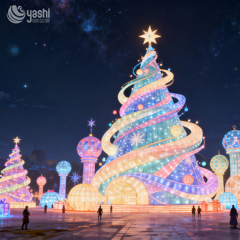Giant Mint Green Christmas Tree LED Light Sculpture, Outdoor Festival Light Installation with Decorative Ornaments for Plaza Light Show