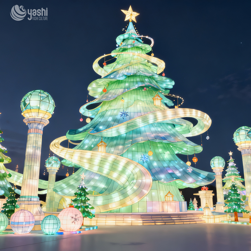 Custom Gradient Yellow Blue Giant Christmas Tree Lantern, Outdoor Waterproof LED Ribbon Christmas Tree Light Sculpture for Holiday Light Festival