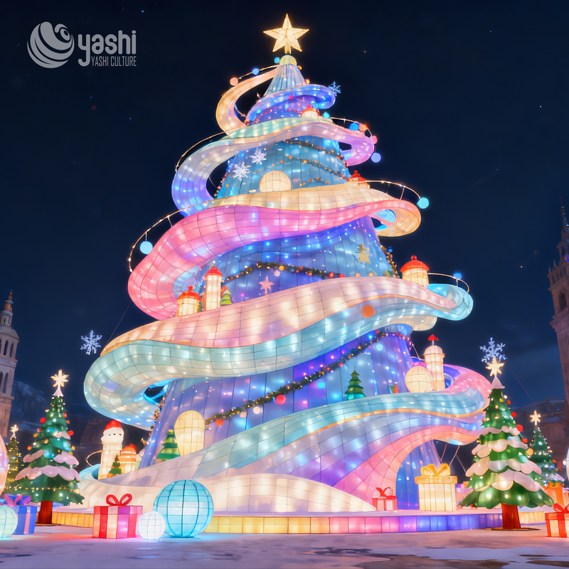 Custom Gradient Yellow Blue Giant Christmas Tree Lantern, Outdoor Waterproof LED Ribbon Christmas Tree Light Sculpture for Holiday Light Festival