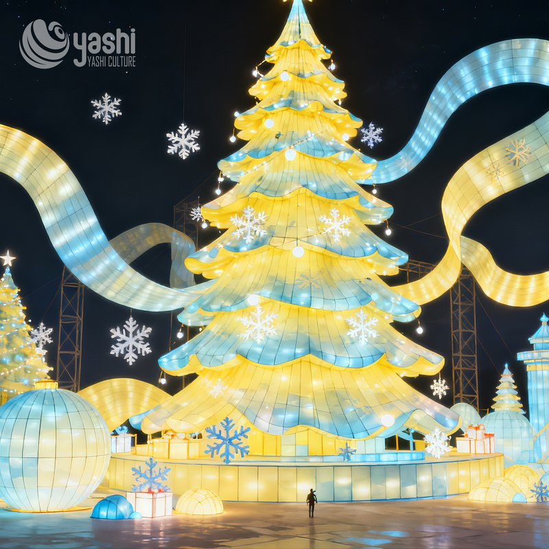 Custom Gradient Yellow Blue Giant Christmas Tree Lantern, Outdoor Waterproof LED Ribbon Christmas Tree Light Sculpture for Holiday Light Festival