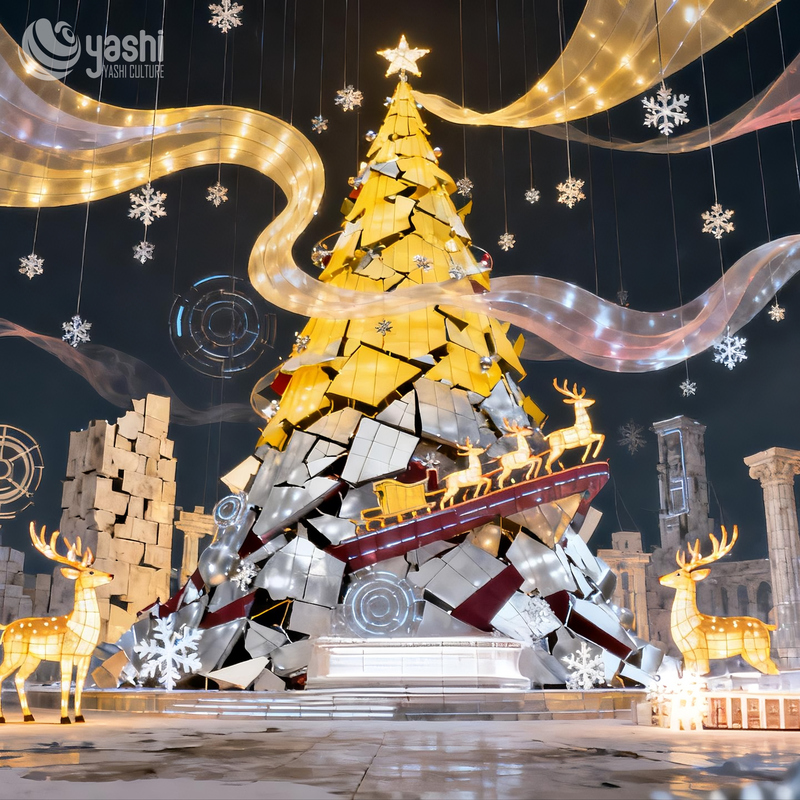 Custom Gradient Yellow Blue Giant Christmas Tree Lantern, Outdoor Waterproof LED Ribbon Christmas Tree Light Sculpture for Holiday Light Festival