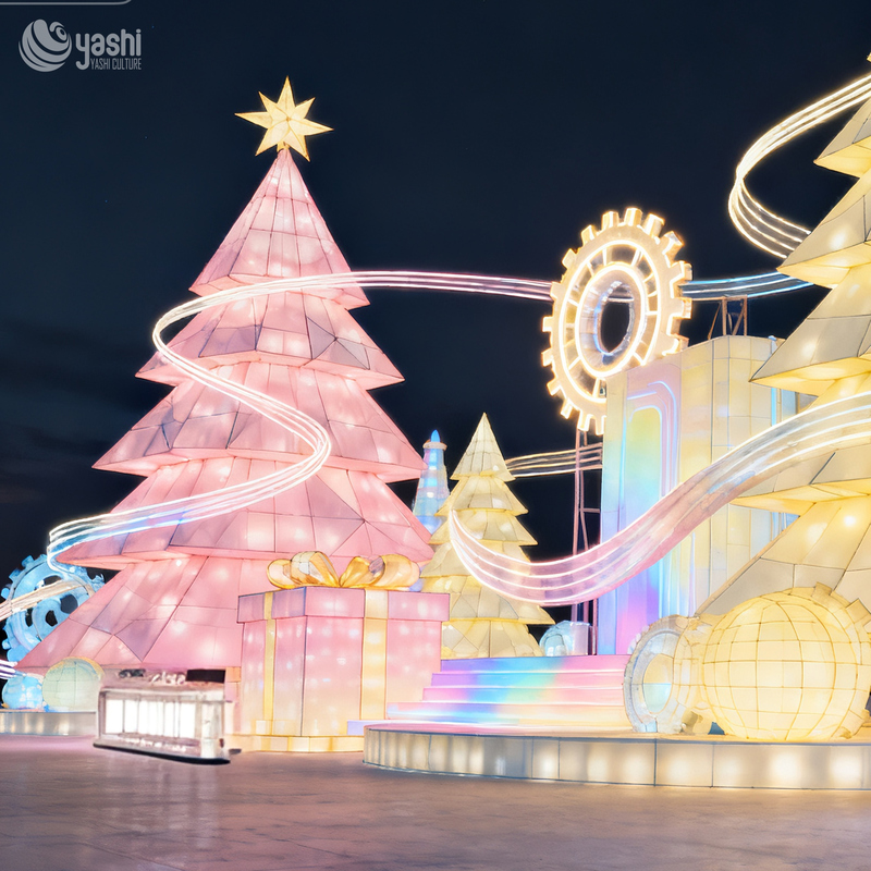 Giant Macaron Christmas Tree Silk Lantern, Outdoor LED Light Sculpture for Shopping Mall Winter Festival Decor