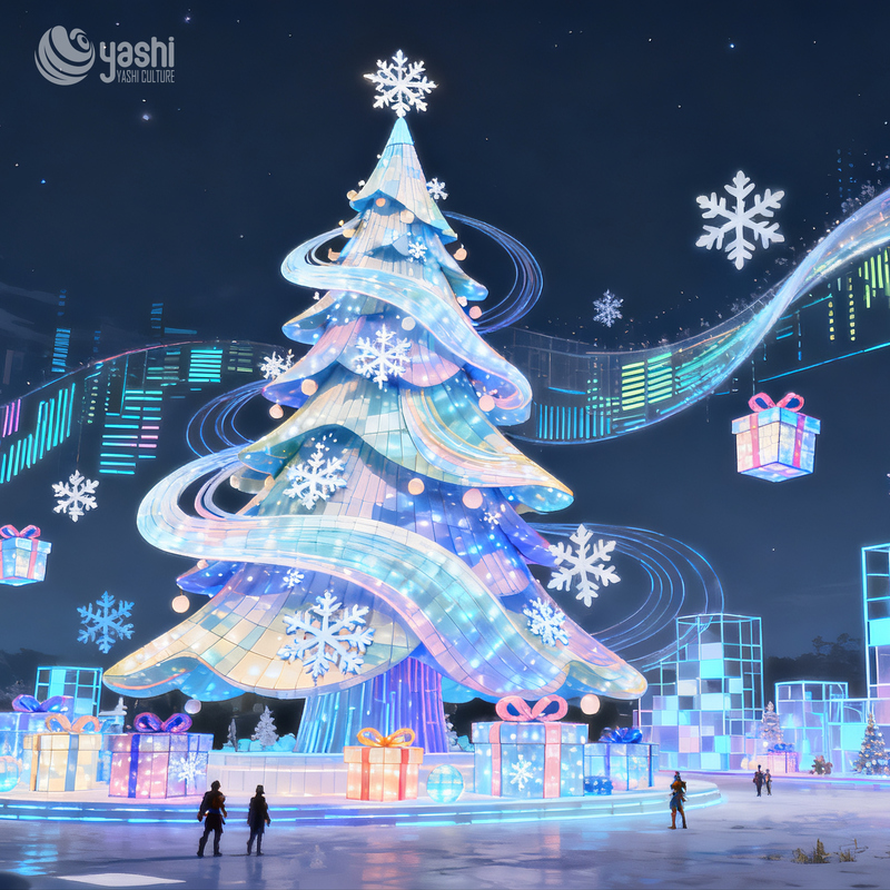 Giant Macaron Christmas Tree Silk Lantern, Outdoor LED Light Sculpture for Shopping Mall Winter Festival Decor