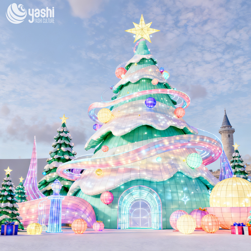 Giant Macaron Christmas Tree Silk Lantern, Outdoor LED Light Sculpture for Shopping Mall Winter Festival Decor