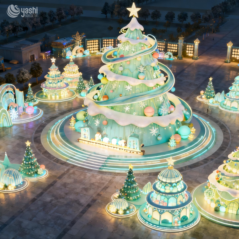 Giant Mint Green Christmas Tree LED Light Sculpture, Outdoor Festival Light Installation with Decorative Ornaments for Plaza Light Show