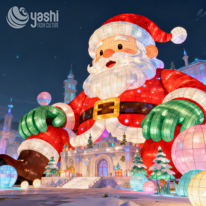 Custom Giant Sitting Santa Claus Silk Lantern, Outdoor LED Light Sculpture for Park Christmas Lighting Exhibition