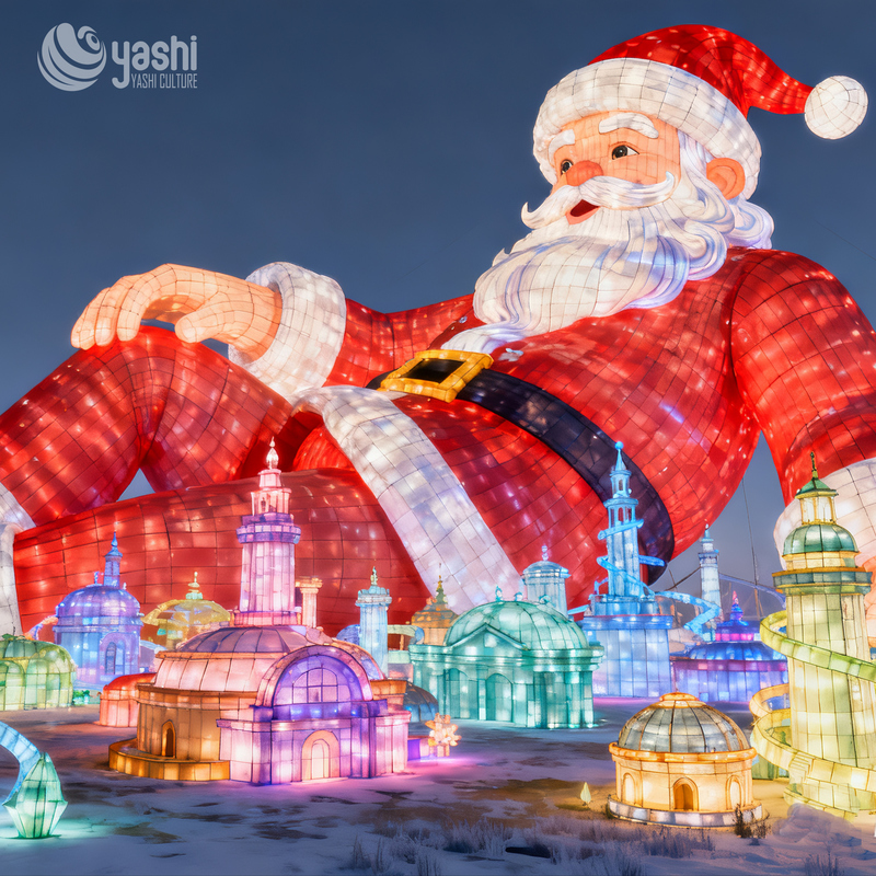 Custom Giant Sitting Santa Claus Silk Lantern, Outdoor LED Light Sculpture for Park Christmas Lighting Exhibition