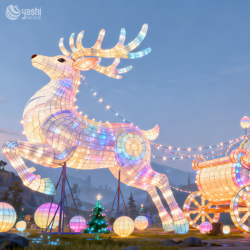 Handmade Decorative Lanterns Shaped as Christmas Reindeer and Sleighs, for Outdoor Decorations and Shopping Mall Adornments