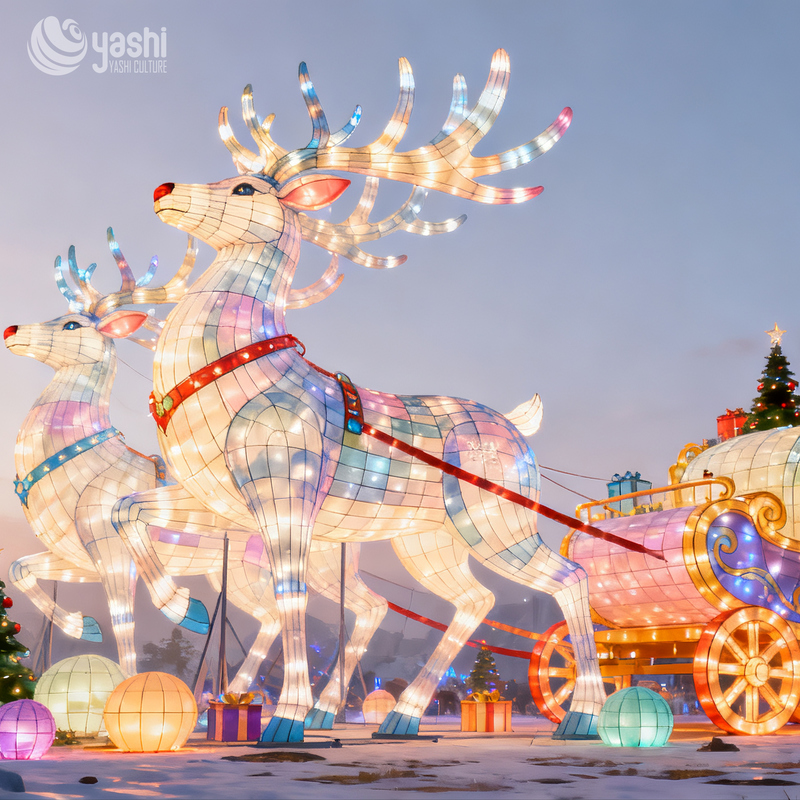 Reindeer & Sleigh Festival Lantern Set, Giant LED Santa Sleigh Light Sculpture for Christmas Light Exhibition