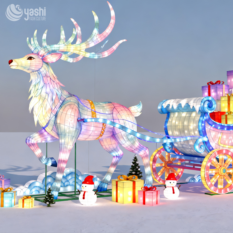 Reindeer & Sleigh Festival Lantern Set, Giant LED Santa Sleigh Light Sculpture for Christmas Light Exhibition