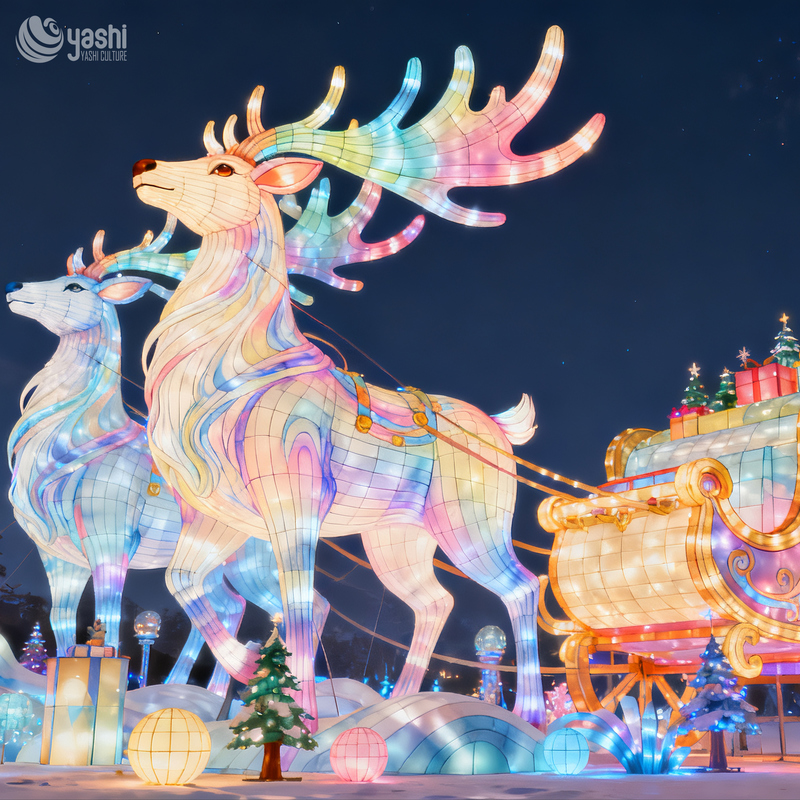 Reindeer & Sleigh Festival Lantern Set, Giant LED Santa Sleigh Light Sculpture for Christmas Light Exhibition