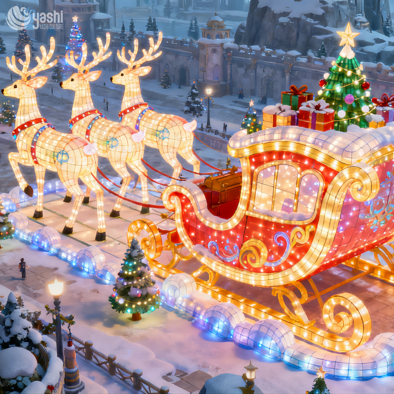 Reindeer & Sleigh Festival Lantern Set, Giant LED Santa Sleigh Light Sculpture for Christmas Light Exhibition