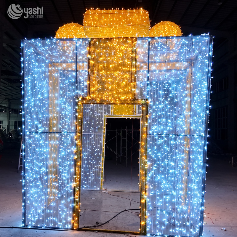 Custom Walk-through Gift Box LED Motif Light, Giant Lighted Gift Box Tunnel Sculpture for Shopping Mall Christmas Decor