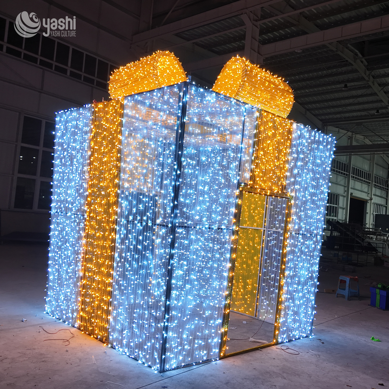 Custom Walk-through Gift Box LED Motif Light, Giant Lighted Gift Box Tunnel Sculpture for Shopping Mall Christmas Decor