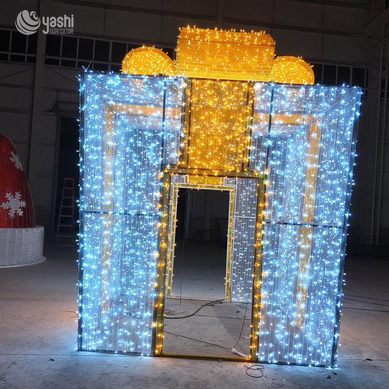 Custom Walk-through Gift Box LED Motif Light, Giant Lighted Gift Box Tunnel Sculpture for Shopping Mall Christmas Decor