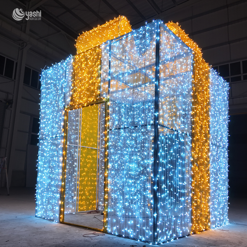 Custom Walk-through Gift Box LED Motif Light, Giant Lighted Gift Box Tunnel Sculpture for Shopping Mall Christmas Decor