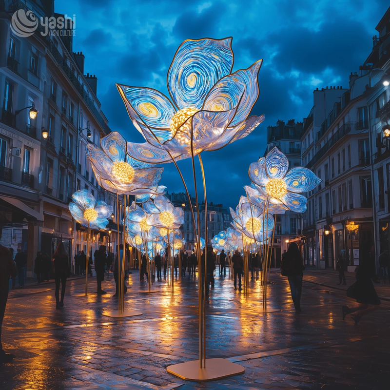 Custom Tall‑Stem Giant Flower LED Lanterns, Large Floral Light Sculpture for Street & Plaza Light Festival
