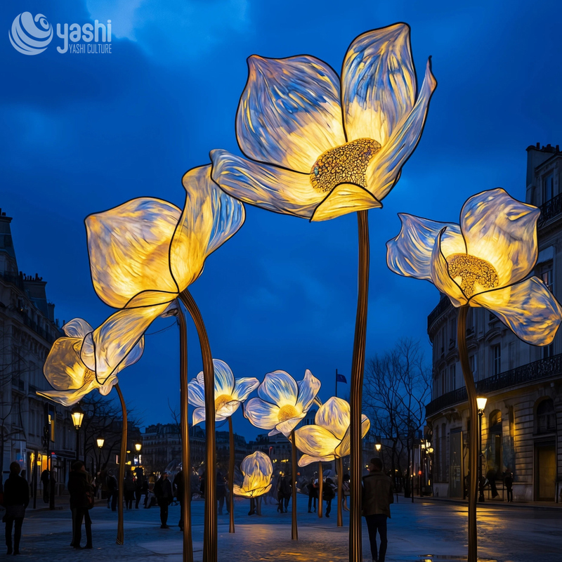 Custom Tall‑Stem Giant Flower LED Lanterns, Large Floral Light Sculpture for Street & Plaza Light Festival