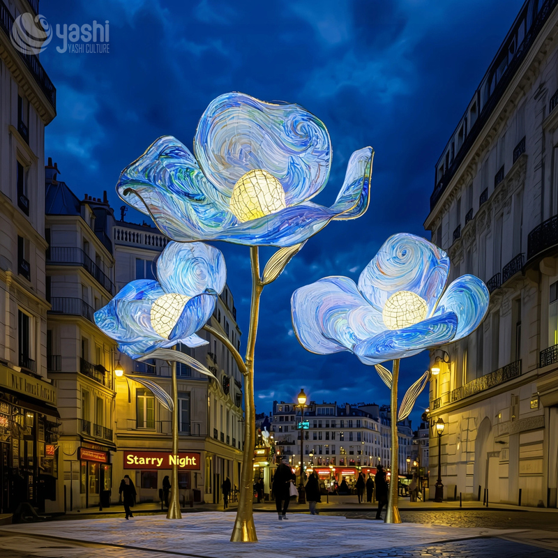 Custom Tall‑Stem Giant Flower LED Lanterns, Large Floral Light Sculpture for Street & Plaza Light Festival