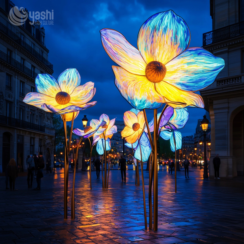 Custom Tall‑Stem Giant Flower LED Lanterns, Large Floral Light Sculpture for Street & Plaza Light Festival