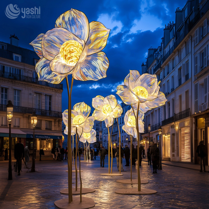 Custom Tall‑Stem Giant Flower LED Lanterns, Large Floral Light Sculpture for Street & Plaza Light Festival
