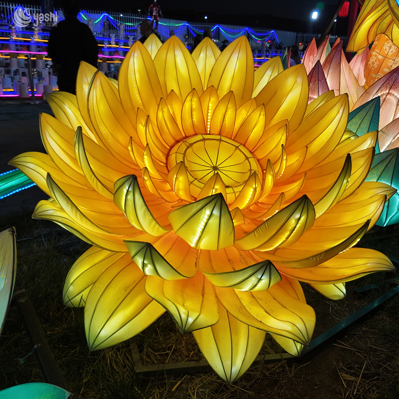 Custom Golden Yellow Lotus Flower Lantern Set, Large LED Floral Light Sculpture for Park Lantern Festivalor
