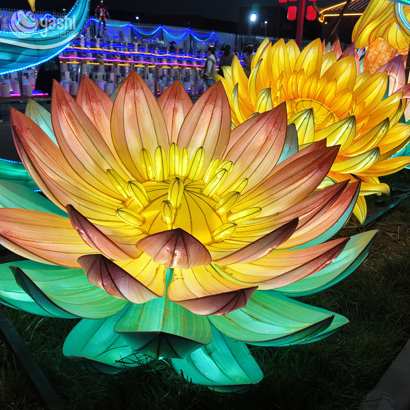 Custom Golden Yellow Lotus Flower Lantern Set, Large LED Floral Light Sculpture for Park Lantern Festivalor