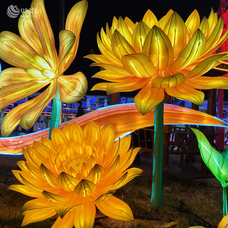 Custom Golden Yellow Lotus Flower Lantern Set, Large LED Floral Light Sculpture for Park Lantern Festivalor