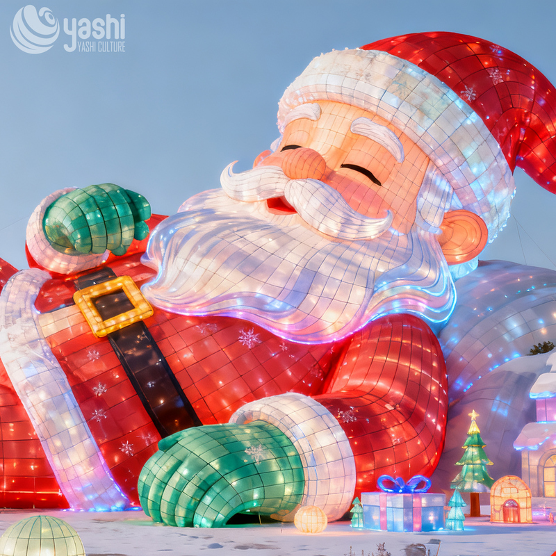Giant Santa Claus Silk Lantern Scene Set, Outdoor LED Christmas Light Sculpture with Snowman & Xmas Tree for Light Festival