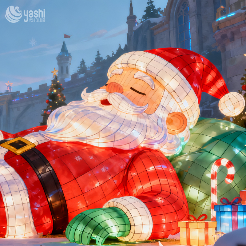 Giant Santa Claus Silk Lantern Scene Set, Outdoor LED Christmas Light Sculpture with Snowman & Xmas Tree for Light Festival