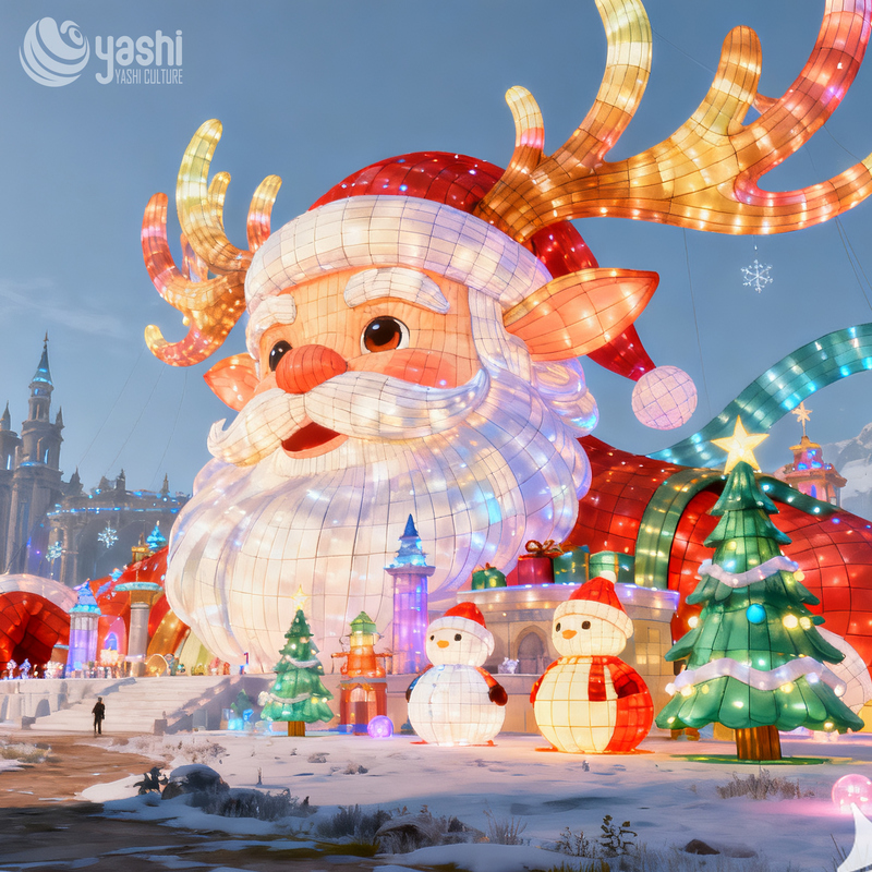 Giant Santa Claus Silk Lantern Scene Set, Outdoor LED Christmas Light Sculpture with Snowman & Xmas Tree for Light Festival