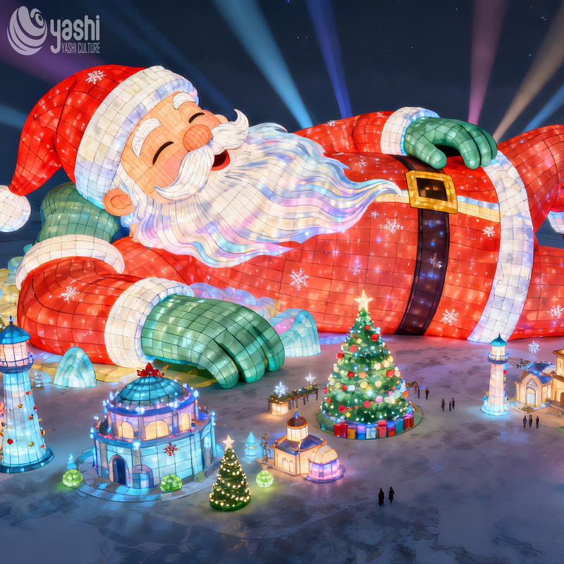Giant Santa Claus Silk Lantern Scene Set, Outdoor LED Christmas Light Sculpture with Snowman & Xmas Tree for Light Festival