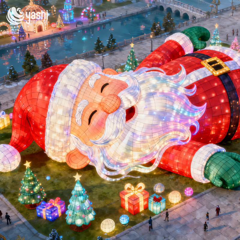 Giant Santa Claus Silk Lantern Scene Set, Outdoor LED Christmas Light Sculpture with Snowman & Xmas Tree for Light Festival