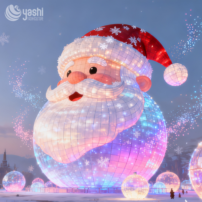 Custom Giant Santa Claus Silk Lantern with Christmas Ball Lights, Outdoor LED Light Sculpture for Plaza Christmas Decoration