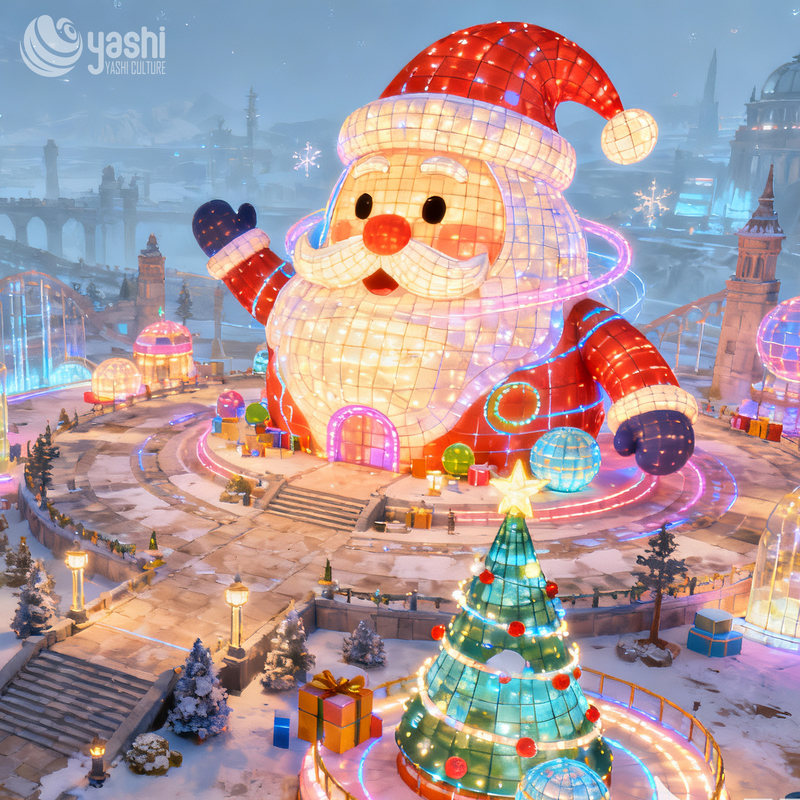 Custom Giant Santa Claus Silk Lantern with Christmas Ball Lights, Outdoor LED Light Sculpture for Plaza Christmas Decoration