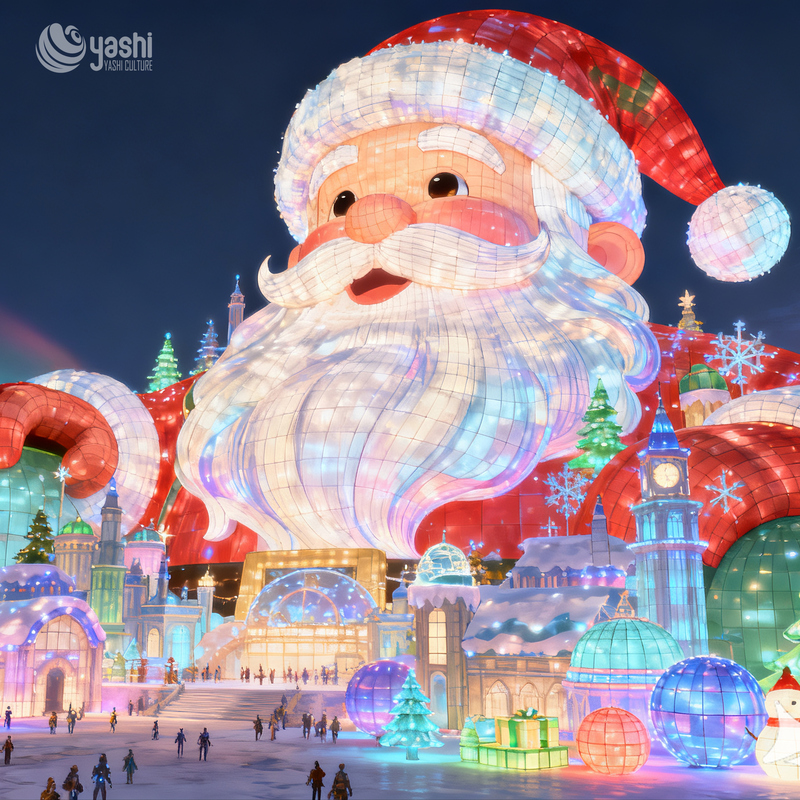 Custom Giant Santa Claus Silk Lantern with Christmas Ball Lights, Outdoor LED Light Sculpture for Plaza Christmas Decoration