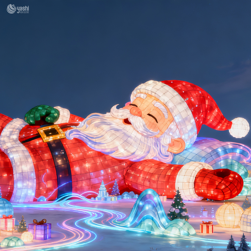 Large Lying Down LED Santa Claus Silk Festival Lantern | Outdoor Waterproof Christmas Light Sculpture for Commercial Light Show