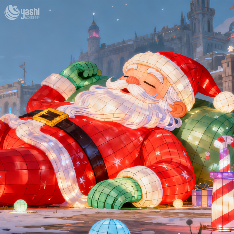 Large Lying Down LED Santa Claus Silk Festival Lantern | Outdoor Waterproof Christmas Light Sculpture for Commercial Light Show