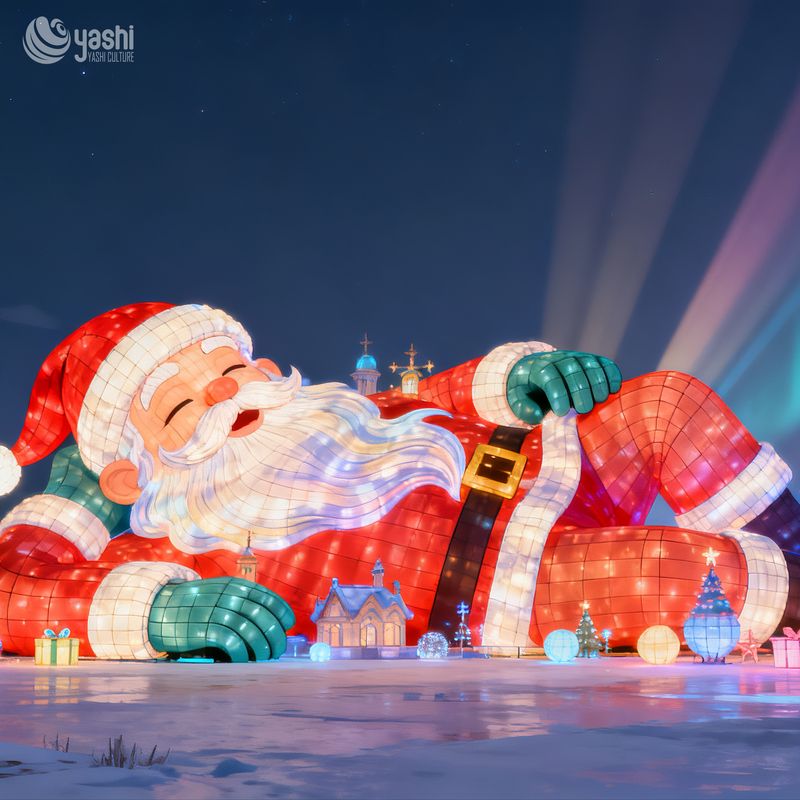 Large Lying Down LED Santa Claus Silk Festival Lantern | Outdoor Waterproof Christmas Light Sculpture for Commercial Light Show
