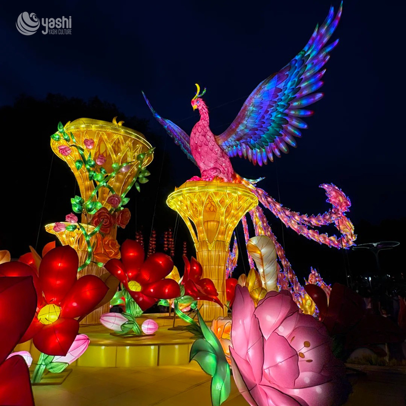 Custom Giant Phoenix Zigong Lantern, Colorful Spread Wings Phoenix Silk Light Sculpture, Waterproof Outdoor Festival Light Display for Lantern Show